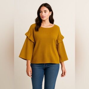 Rebecca King Mustard Ruffle Sleeve Ribbed Sweater Top Made in Canada Size XL